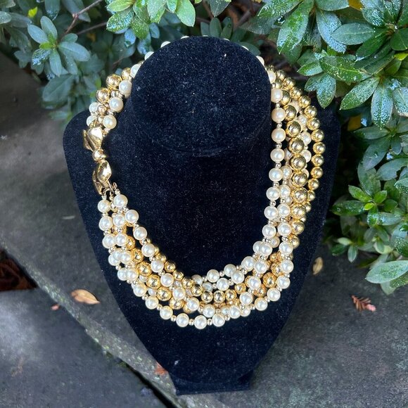 Vintage 80s Carol Lee Multistrand Faux Pearl and Gold Bead Necklace Bow Clasp - Picture 1 of 10